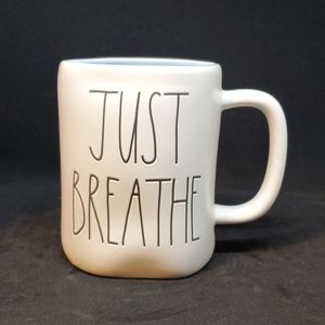New Rae Dunn Mug JUST BREATHE White with Blue Inside